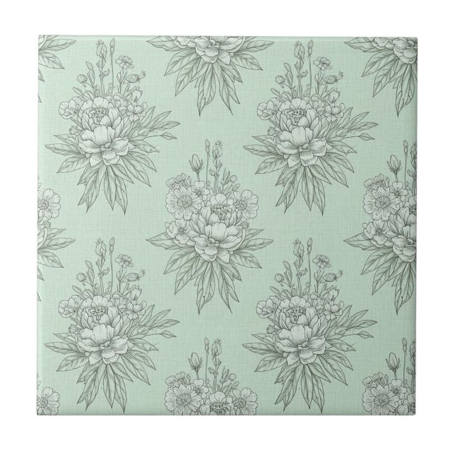 Mint Green Botanical Toile with Floral Bouquets Kakelplatta (Framsidan)