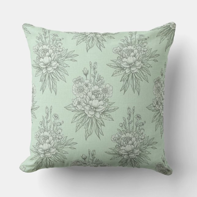 Mint Green Botanical Toile with Floral Bouquets Kudde (Framsida)