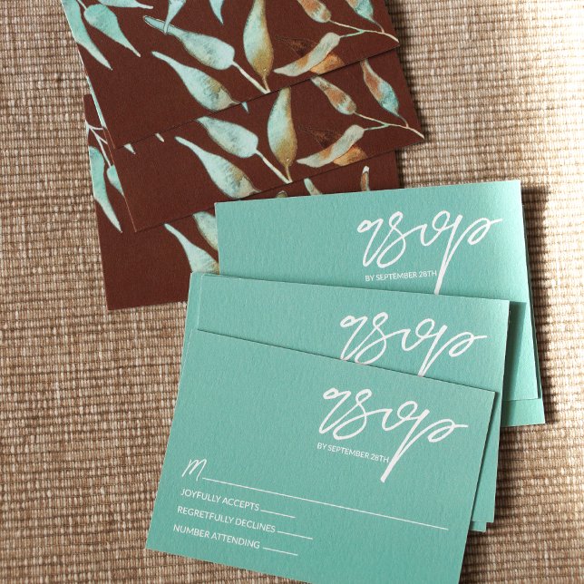 Mint Green, Brown Leaves Wedding RSVP Card Rådkort (Mint Green Winter RSVP Cards, Winter Green and Brown Enclosure Cards)