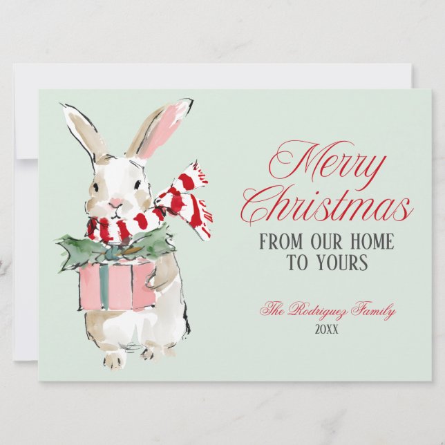Mint Green Christmas Bunny Flat Holiday Card Julkort (Framsida)