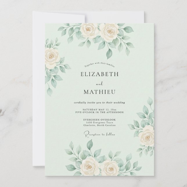 Mint Green Delicate Botanical Wedding Inbjudningar (Framsida)