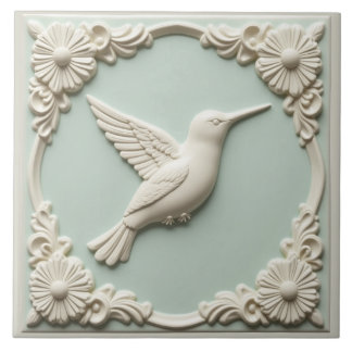 Mint green faux relief Art Nouveau Hummingbird Kakelplatta