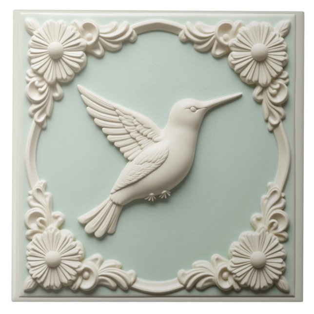 Mint green faux relief Art Nouveau Hummingbird  Kakelplatta (Framsidan)