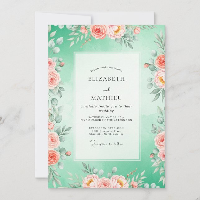 Mint Green Floral Bloom Wedding Inbjudningar (Framsida)