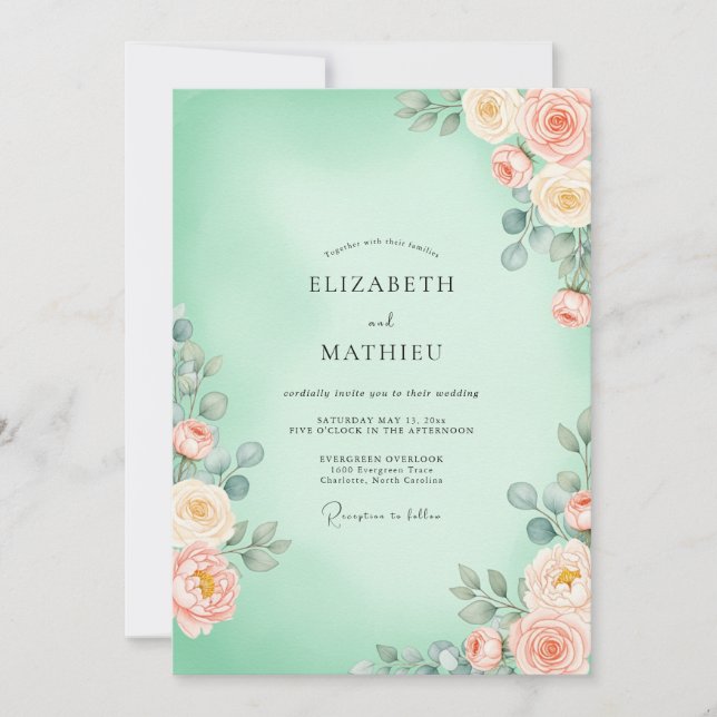 Mint Green Floral Blossom Wedding Inbjudningar (Framsida)