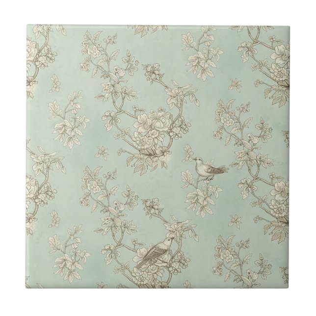 Mint Green French Country Birds and Floral Toile 1 Kakelplatta (Framsidan)