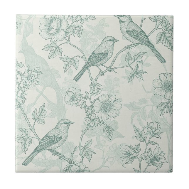 Mint Green French Country Birds and Floral Toile 2 Kakelplatta (Framsidan)