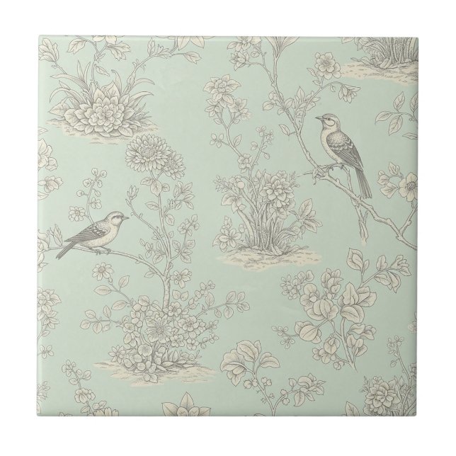 Mint Green French Country Birds and Floral Toile 3 Kakelplatta (Framsidan)