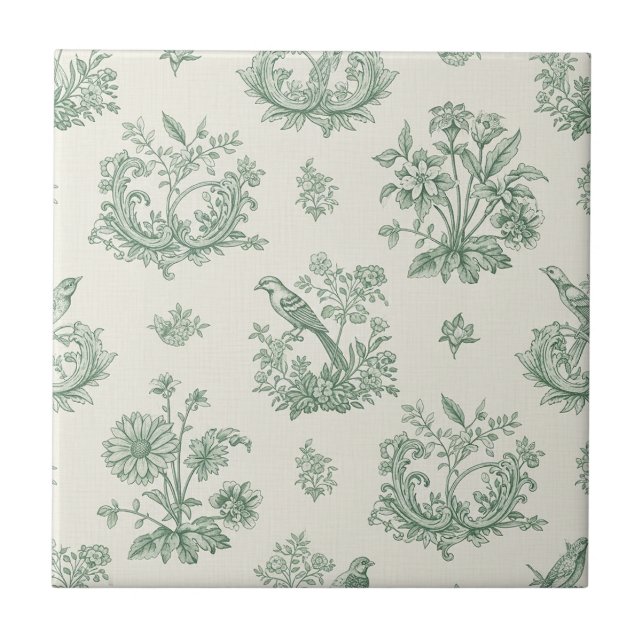 Mint Green French Country Birds and Floral Toile 4 Kakelplatta (Framsidan)