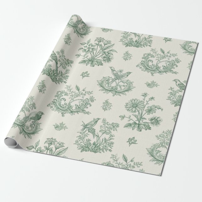 Mint Green French Country Birds and Floral Toile 4 Presentpapper (Utrullad)