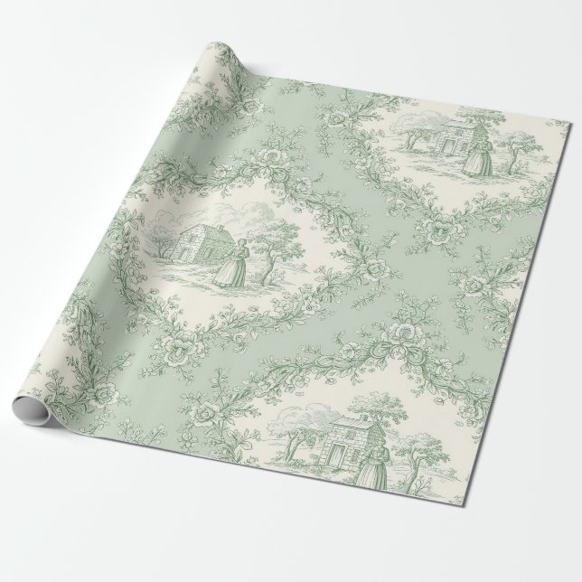Mint Green French Country Floral Toile - Farmhouse Presentpapper (Utrullad)