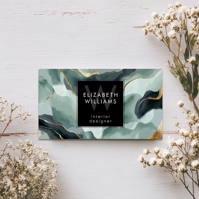Mint Green Gold Abstract Monogram Business Cards Visitkort (Skapare uppladdad)