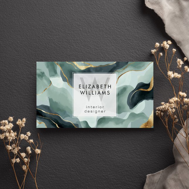 Mint Green Gold Abstract Monogram Business Cards Visitkort (Skapare uppladdad)