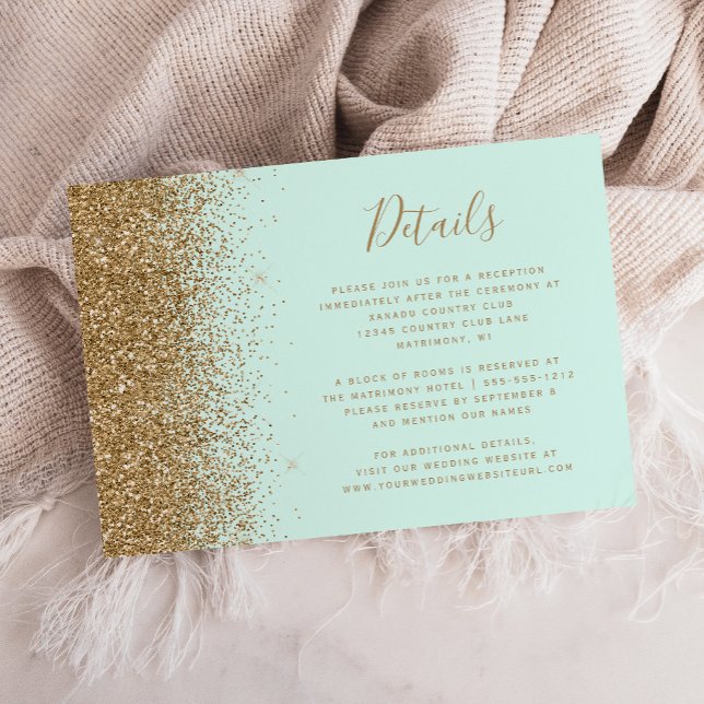Mint Green Gold Glitter Wedding Details Tilläggskort (Skapare uppladdad)
