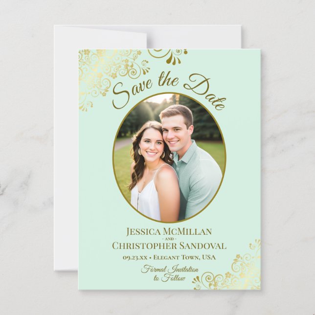 Mint Green & Gold Wedding Save the Date Oval Photo Magnetisk Inbjudningskort (Framsida)