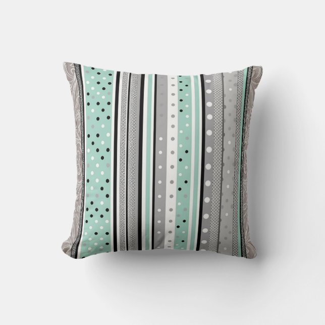 Mint Green Grey and White Striped Polka dot  Kudde (Framsida)