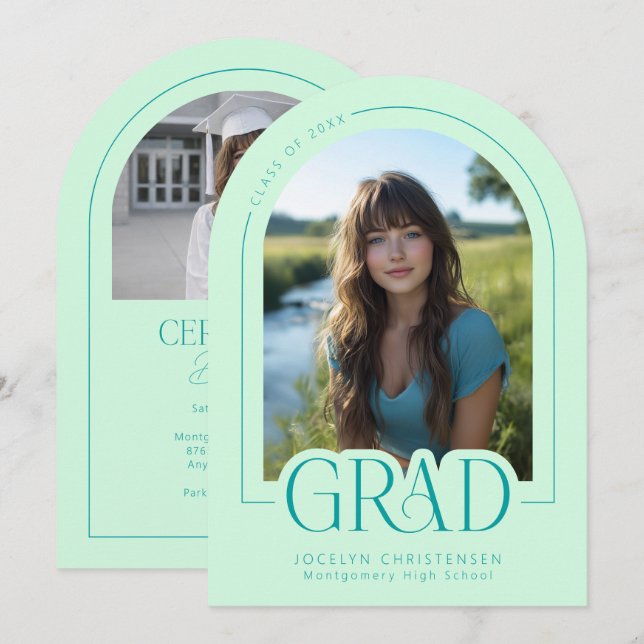 Mint Green Modern Minimal Grad Photo Announcement Inbjudningar (Fram/baksida)