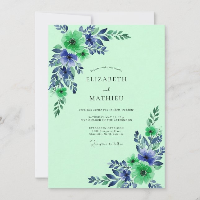 Mint Green Pristine Botanical Wedding Inbjudningar (Framsida)