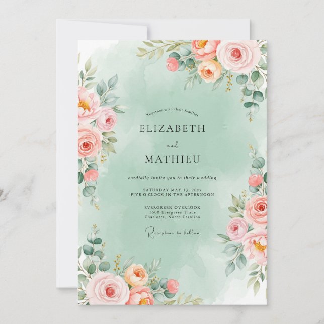 Mint Green Romantic Floral Wedding Inbjudningar (Framsida)