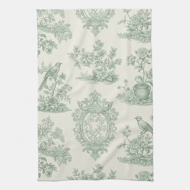 Mint Green Toile Floral and Bird Pattern Kökshandduk (Vertikal)