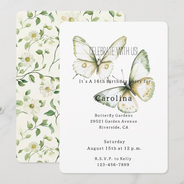 Mint Green White Butterflies Birthday Inbjudningar (Fram/baksida)