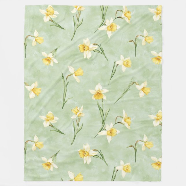Mint Green Yellow Daffodil Flowers Fleecefilt (Framsidan)