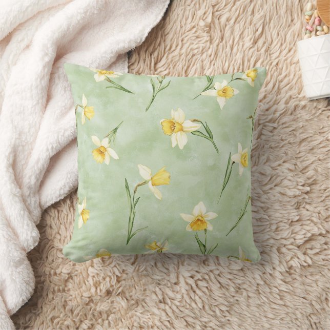 Mint Green Yellow Daffodil Flowers Kudde (Filt)