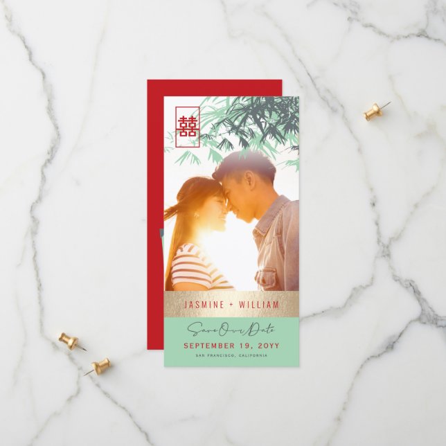 Mint Green Zen Bamboo Leaves Photo Chinese Wedding Spara Datumet (Fram/Back In Situ)