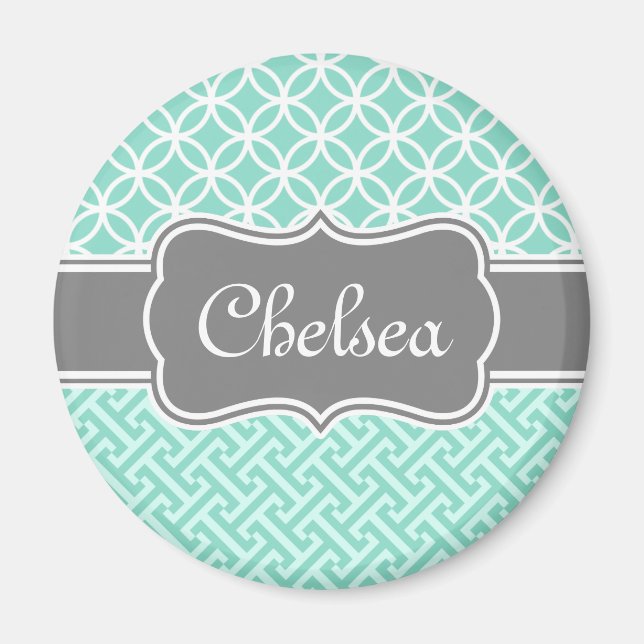 Mint Grekiska Nyckel och Circle Mönster Grått Namn Magnet (Framsidan)