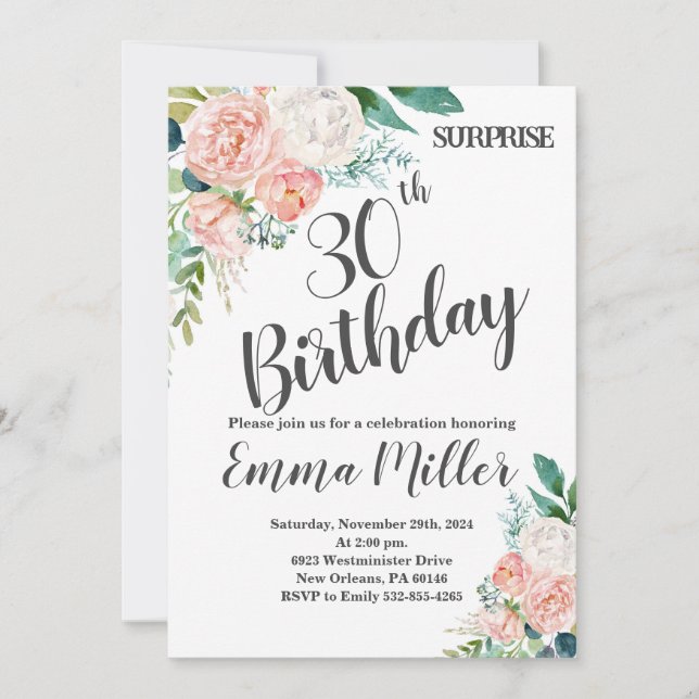 Mint, Gröna & Rosa Peonies 30-årsdag Inbjudningar (Framsida)