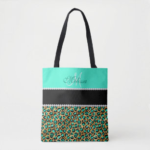 Mint Grönt and Black Leopard Print Monogramme Tygkasse