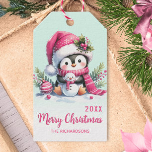 Mint Grönt and Rosa Roligt Penguin jul Presentetikett
