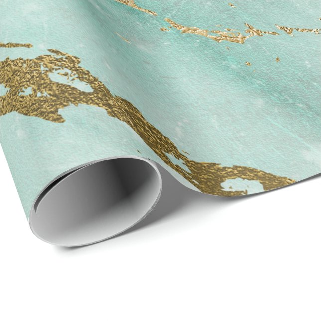 Mint Grönt Aqua Guld Marble Shiny Glam Presentpapper (Rullad Hörn)