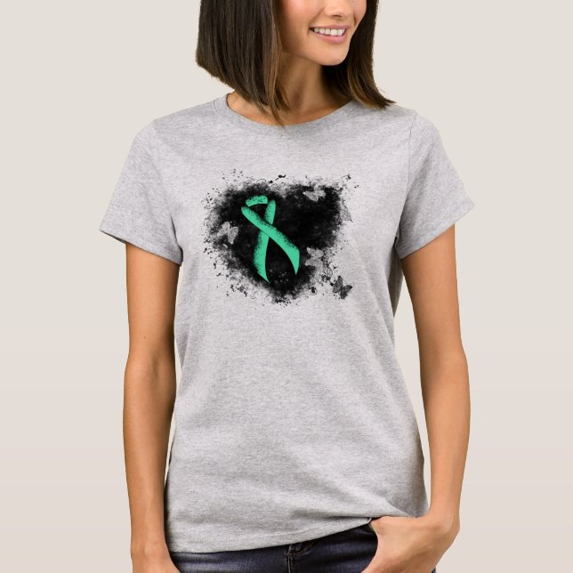 Mint Grönt Awareness Ribbon Grunge Heart T-shirt (Framsida)