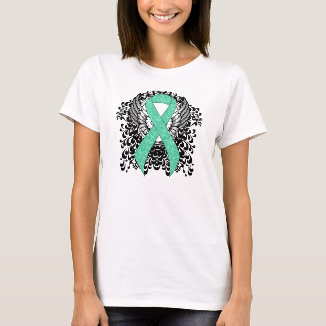 Mint Grönt Awareness Ribbon med Vingar T-shirt (Framsida)