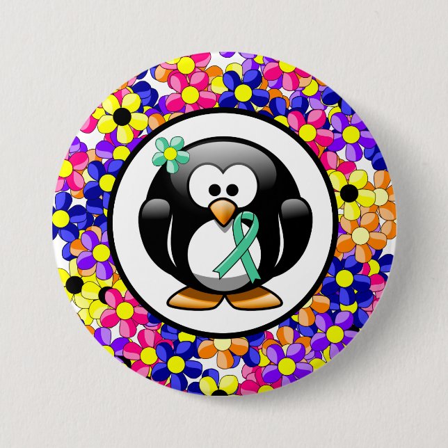 Mint Grönt Awareness Ribbon Penguin Knapp (Framsida)