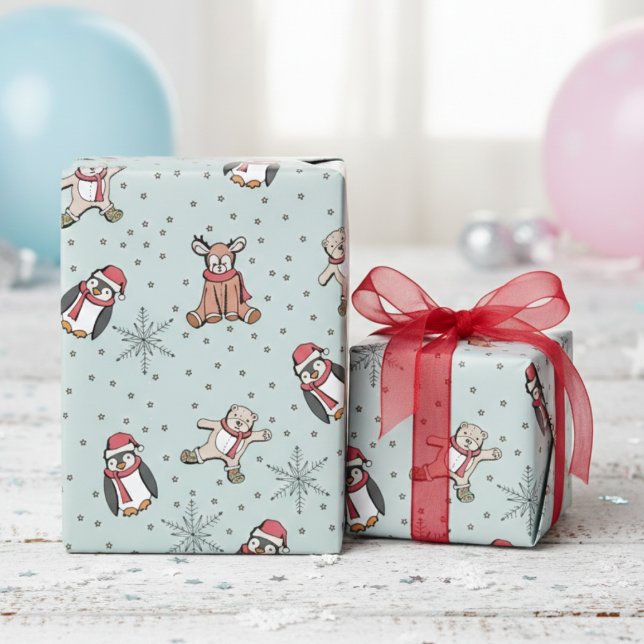 Mint Grönt Babys Första julvinterdjuren Presentpapper (Cute Winter Stuffed Animals, Snowflakes, Polka Dots Pattern Gender Neutral Xmas Gift Wrap for Kids)
