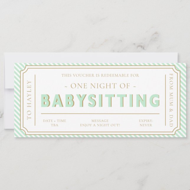 Mint Grönt Babysit Gift Voucher Card Inbjudningar (Framsida)