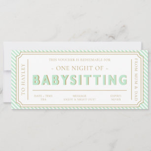 Mint Grönt Babysit Gift Voucher Card Inbjudningar