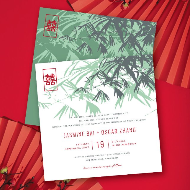 Mint Grönt Bamboo Lämnar Modern Zen Asian Bröllop Inbjudningar (Mint Green Bamboo Leaves Modern Zen Asian Wedding Invitation @ fatfatin_red_knot)