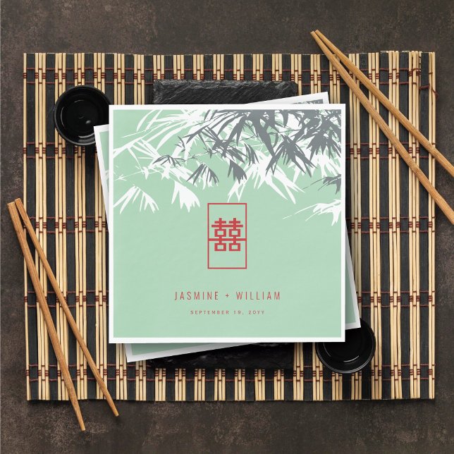 Mint Grönt Bamboo Löv Dubbla Xi Chinese Bröllop Pappersservett (Mint Green Bamboo Leaves Double Happiness Chinese Wedding Paper Napkins @ fatfatin_red_knot)