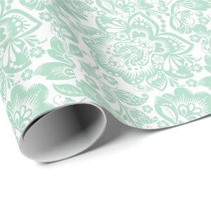 Mint Grönt Baroque Blommigt Damasks on White Presentpapper