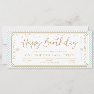Mint Grönt Birthday Babysit Gift Voucher Card Inbjudningar