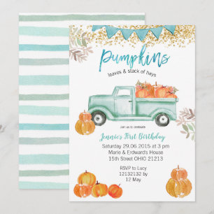 Mint Grönt Birthday Blue Pumpkin Lastbil Birthday Inbjudningar