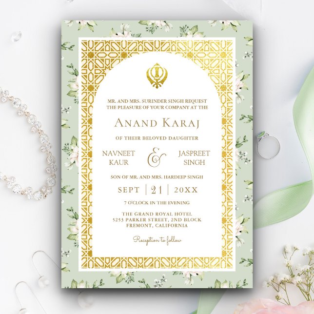 Mint Grönt Blommigt Anand Karaj Punjabi Sikh Bröll Inbjudningar (Skapare uppladdad)