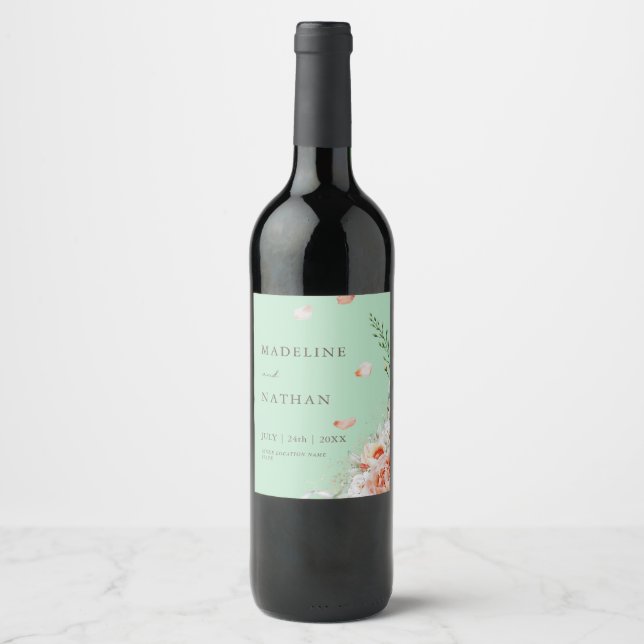 Mint Grönt Blommigt Bröllop Vin Vinflaska Etikett (Framsida)