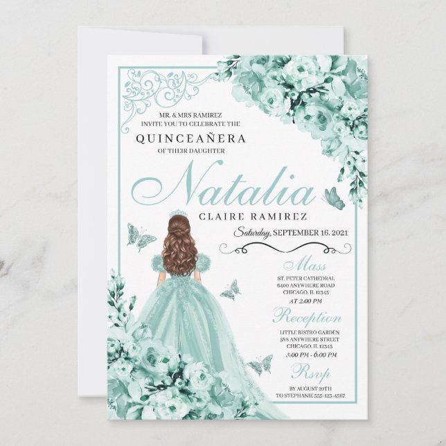 Mint Grönt Blommigt Butterflies Quinceanera Inbjudningar (Framsida)
