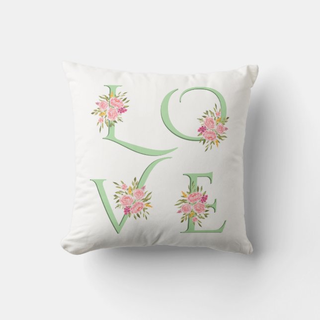 Mint grönt blommigt Kärlek typografi Valentines da Kudde (Framsida)