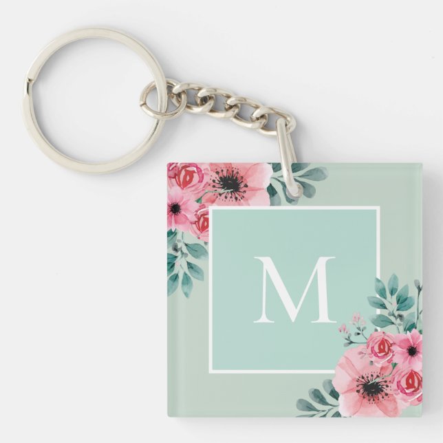 Mint-Grönt | Blommigt Photo Monogram-Nyckelring (Framsidan)