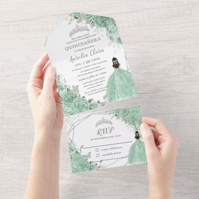 Mint Grönt Blommigt Princess Silver Quinceañera 16 (Avrivbar del)